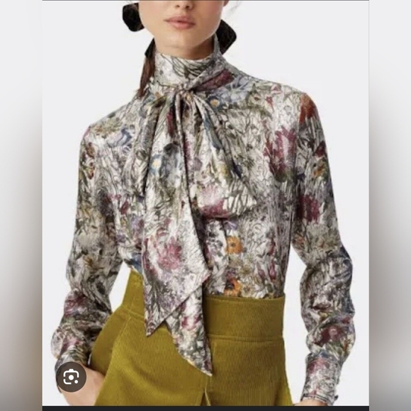 TORY BURCH Tie Neck Metallic Floral Blouse In Melody Floral Size 0 - Picture 1 of 10